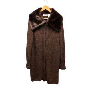 Belvedere Coat Women's L Brown Wool Alpaca Mohair‎ Blend Faux Fur Collar Italy